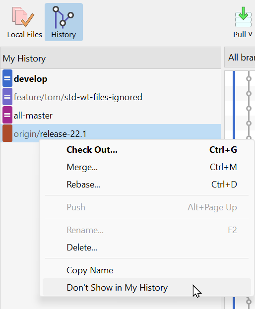 向“我的历史”视图添加更多分支，或者再次隐藏它们。