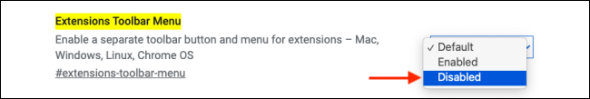 Click Disabled next to Extensions Toolbar Menu Flag