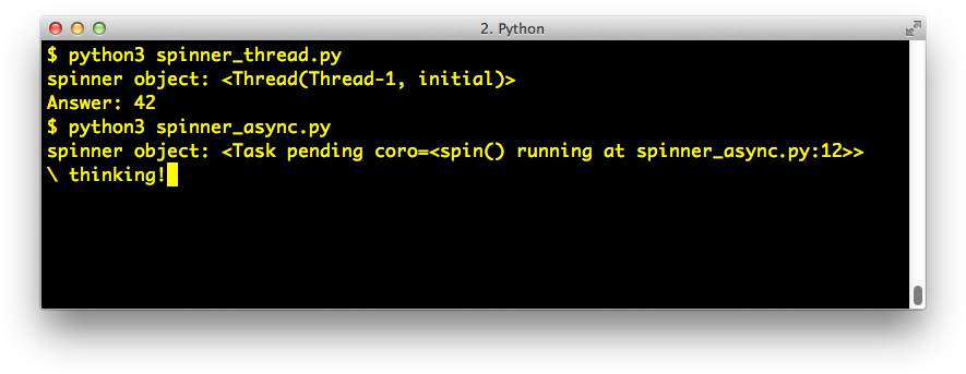 Shell console showing output of two spinner examples.