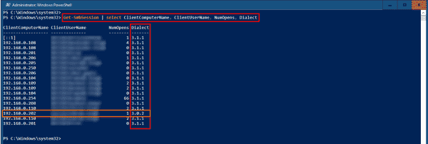 Viewing the SMB sessions to show the SMB dialect used by clients on the file server