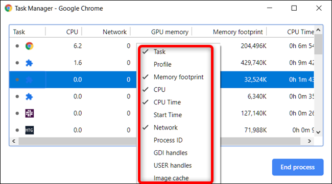 Sample list of the categories to choose from in Task Manager.