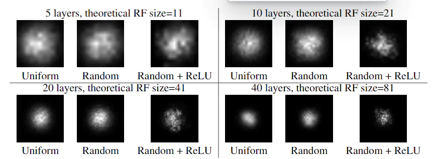 有效感受野区域:比较层数、随机权重初始化和非线性化对ERF的影响。所有网络的内核大小都固定在3×3。均匀：卷积核权值均为1，无非线性；随机：随机核权重，无非线性；随机+ReLU：随机核权重，ReLU非线性