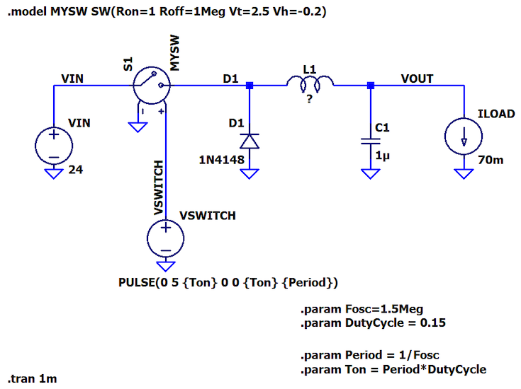 Buck converter power stage simulation schematic with updated switching frequency and duty cycle