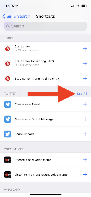 Tap the See All link next to an app if the Shortcuts page doesn't show everything