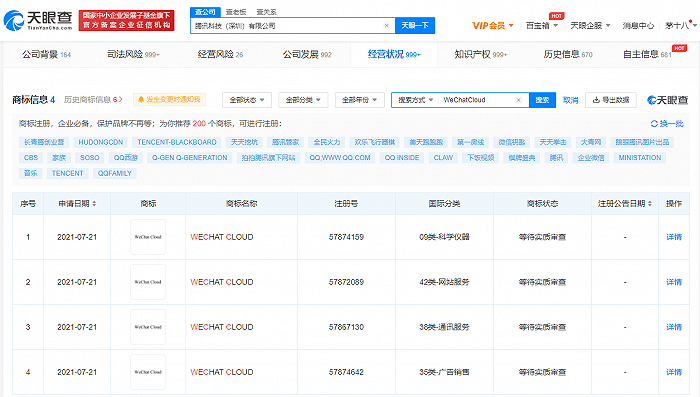 腾讯申请注册“WECHAT CLOUD”商标