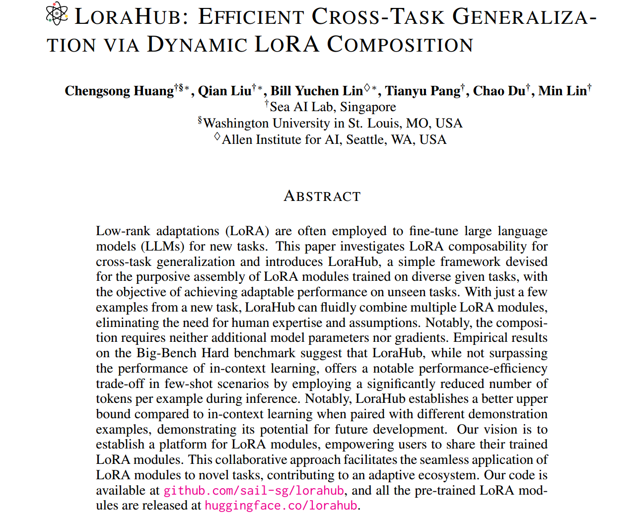 LORAHUB: EFFICIENT CROSS-TASK GENERALIZATION VIA DYNAMIC LORA COMPOSITION