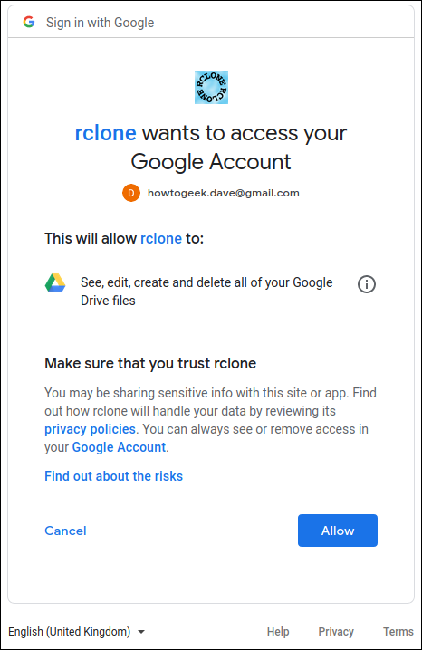 Allowing rclone to work with Google Drive in a terminal window