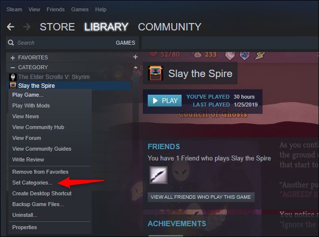 Set Categories menu on Steam game