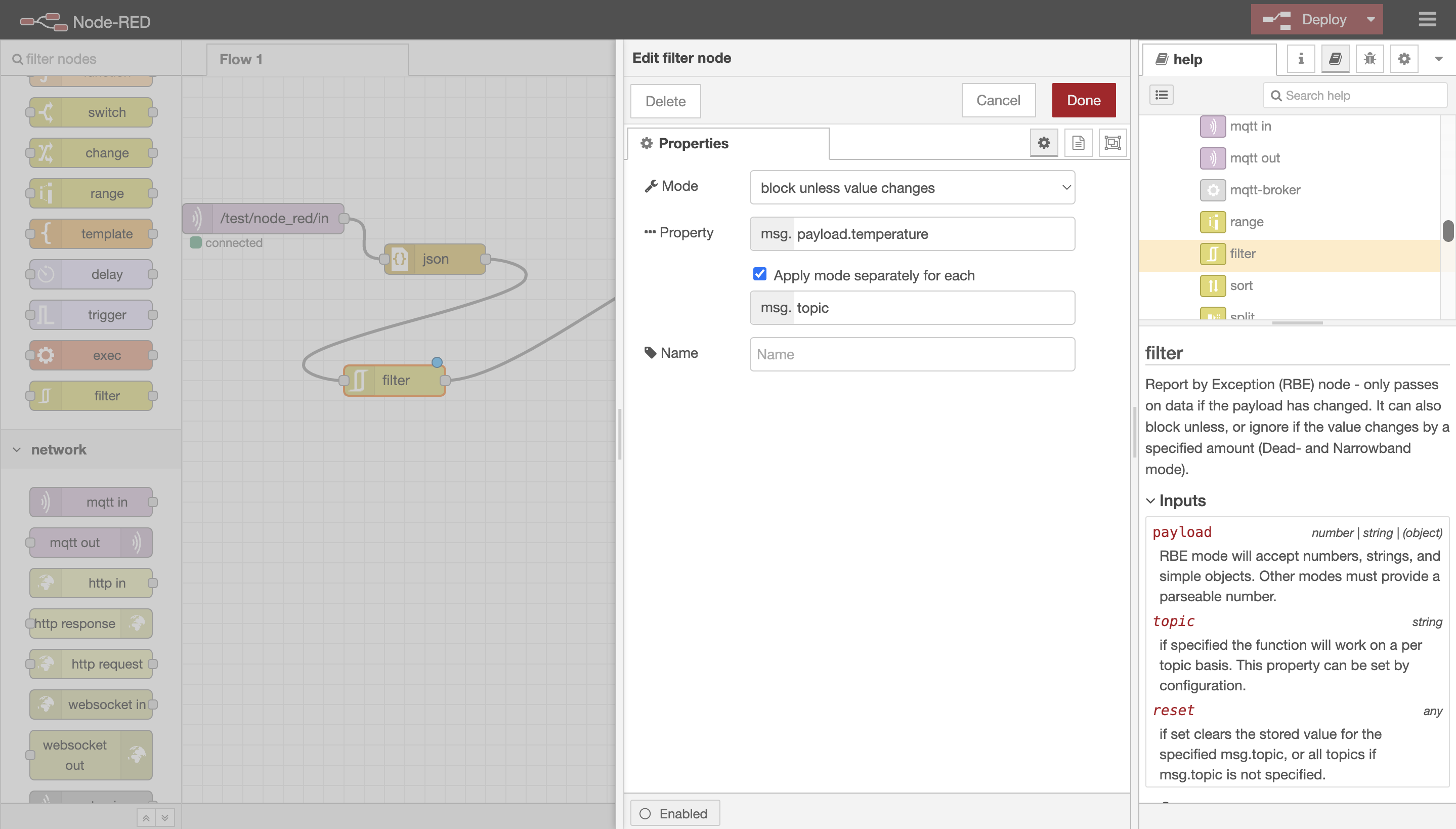 Node-RED filter node