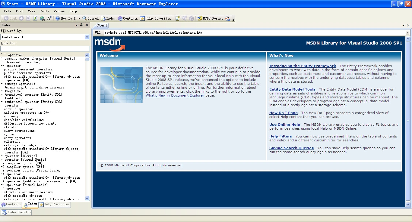 msdn 後,可以看到如圖的界面環境:vs2008 sp1補丁 msdn library