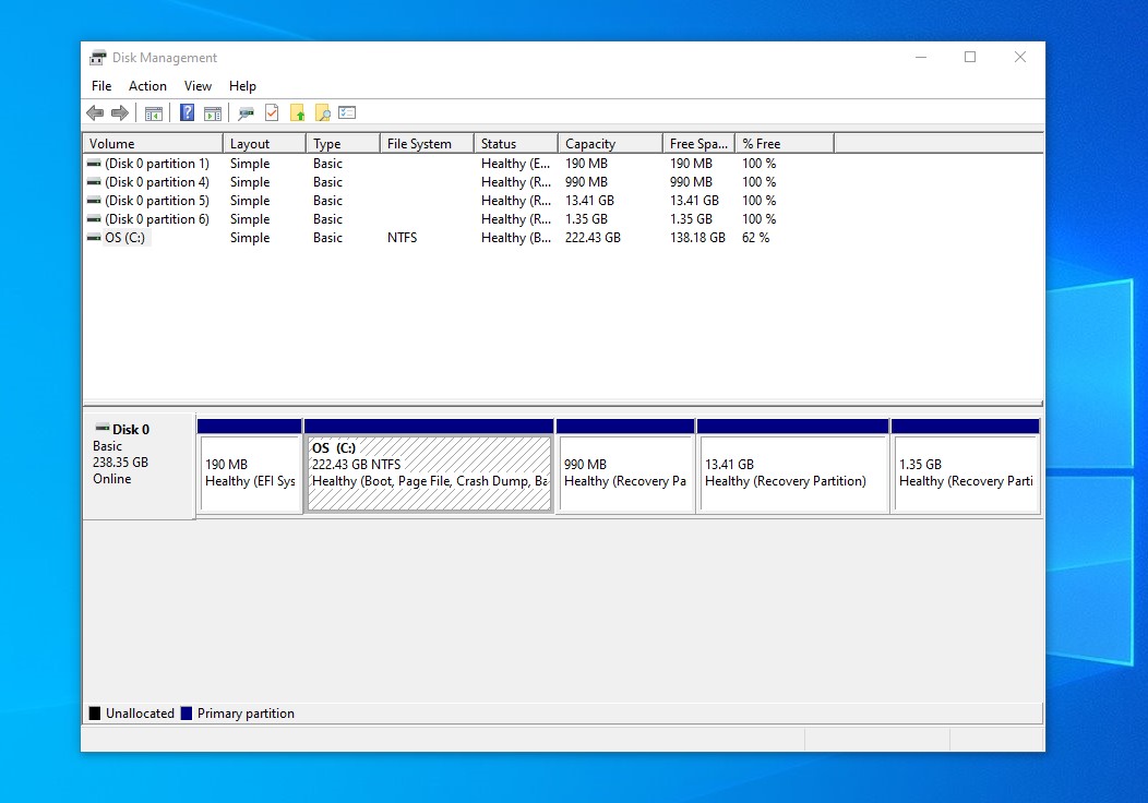 A list of disks in disk partition in Windows 10.