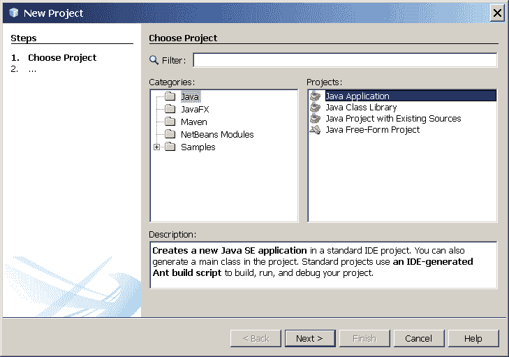 NetBeans IDE，新项目向导，选择项目页面。