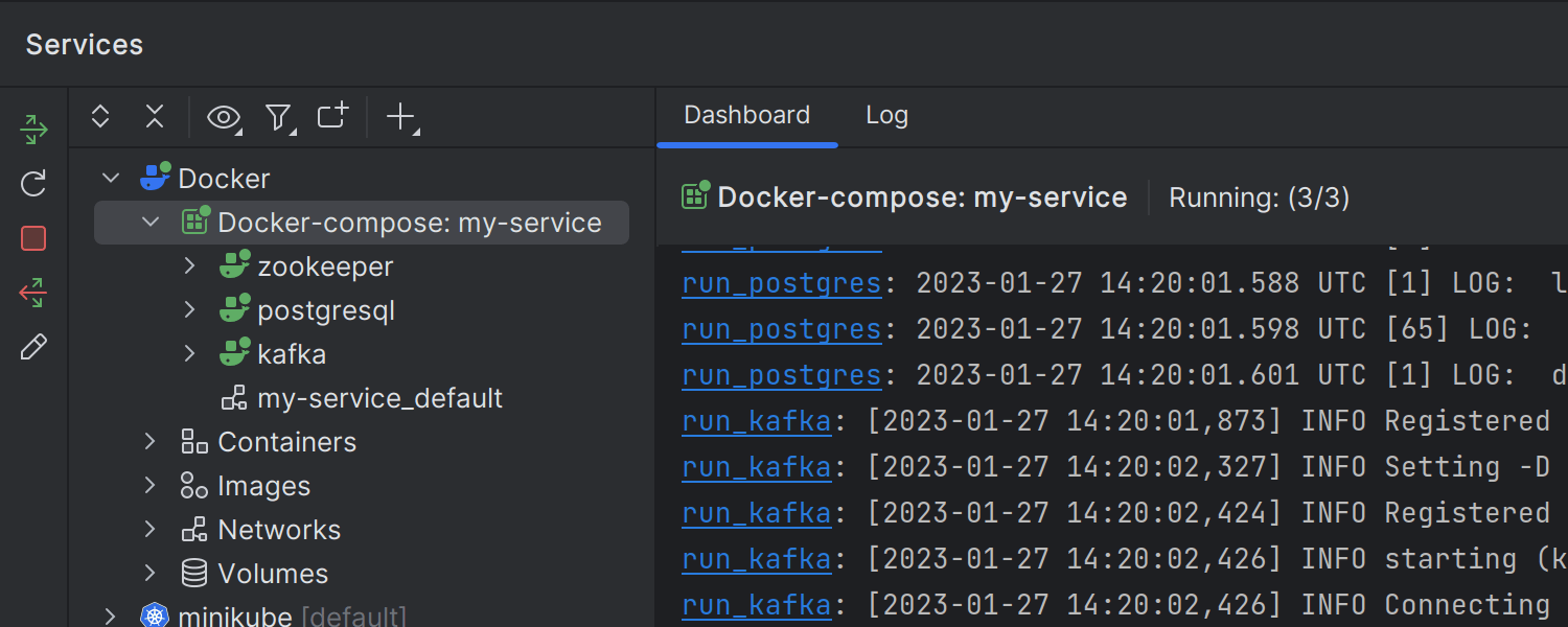 すべての Docker Compose コンテナーからの結合ログ