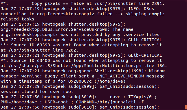 Output from sudo journalctl -f | fold -w 65 -s in a terminal window