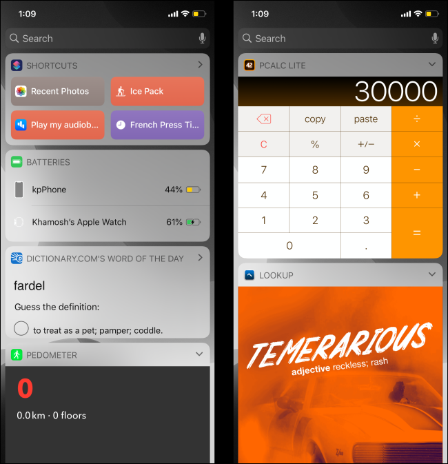 Widgets screens on iPhone