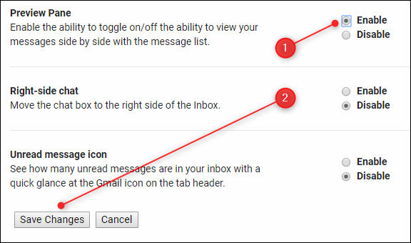 Click or tap "Enable" in the "Preview Pane" section, and then click or tap "Save Changes."