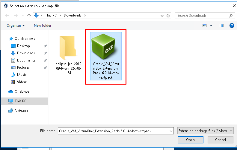 Select VirtualBox Extension Package