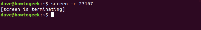 The "screen" command terminating message in a terminal window.