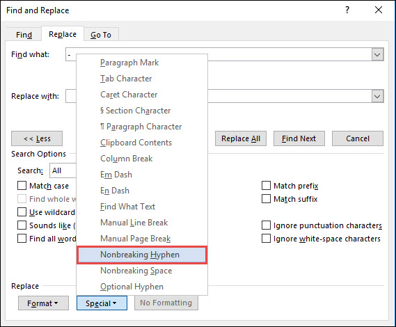 choose nonbreaking hyphen from the menu