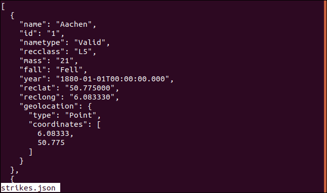 Output from the "less strikes.json" command in less in a terminal window.