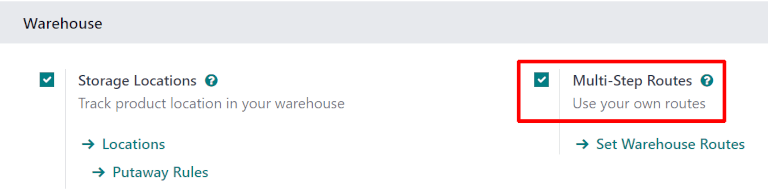 Activate multi-step routes and storage locations in Inventory settings.