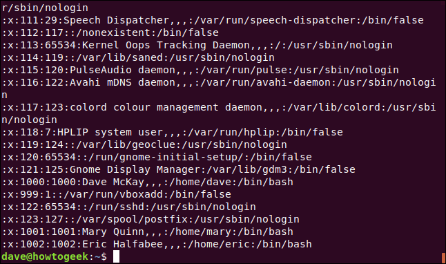 Output from sed 's/\([^:]*\)\(.*\)/\2/' /etc/passwd in a terminal window