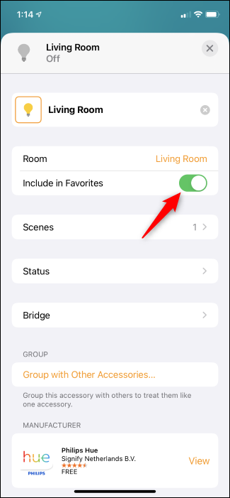 Choosing whether a smart home accessory is a favorite or not in Apple's Home app.