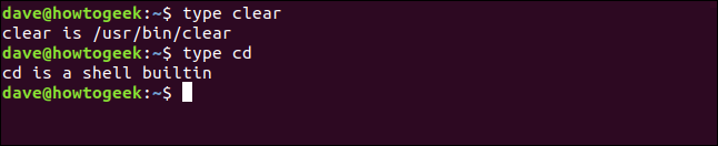 The "type clear" and "type cd" commands in a terminal window.