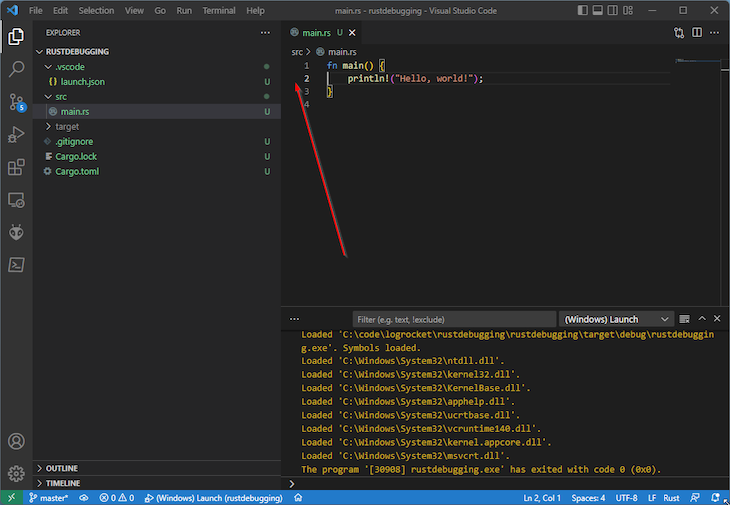 带有红色箭头的 VS Code 终端指向第二行左侧，用户应单击此处设置断点