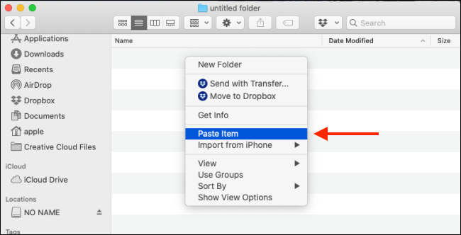 Select the Paste item option in Finder to paste the file on Mac