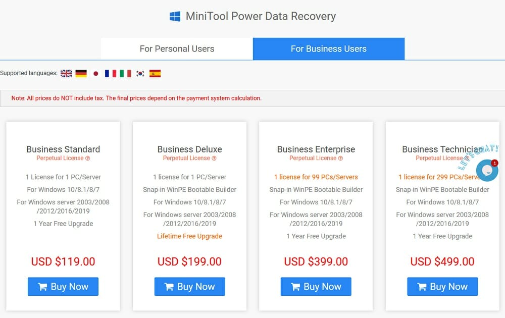 MiniTool Power Data Recovery - 面向企业用户的定价