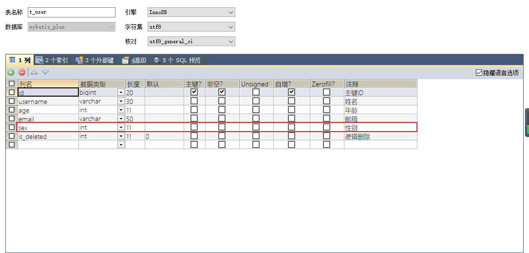 数据库表t_uset添加字段sex