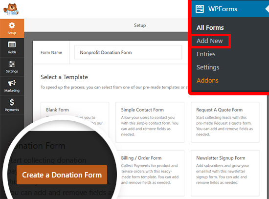 create a new wordpress donation form