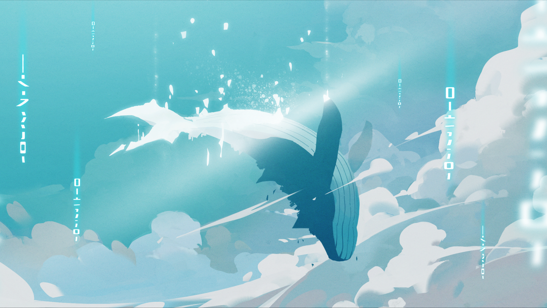 Futuristic digital illustration of a majestic whale soaring through a sky filled with fluffy clouds, illuminated by digital code and light fragments, symbolizing swift, optimized performance in Python programming. The image creatively embodies the concept of making Python code lighter and faster, akin to a whale gliding effortlessly through the clouds.