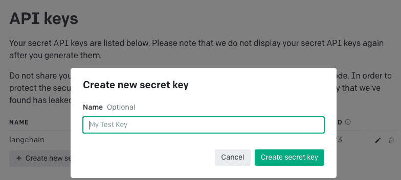 图 3.4: OpenAI API 平台 - 创建新的秘钥。