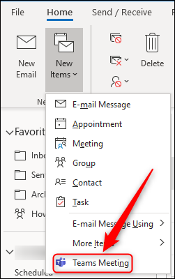 The "Teams Meeting" option in Outlook's "New Items" menu.