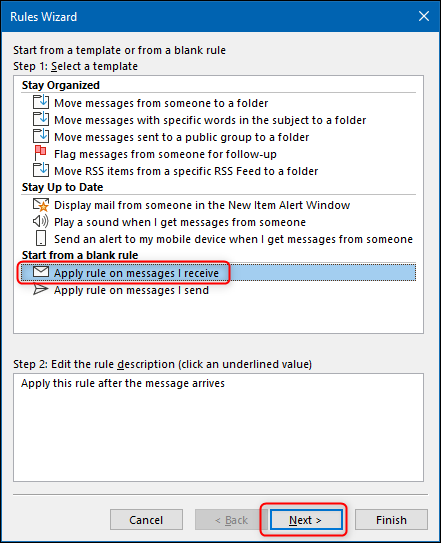 The "Apply rule on messages I receive" in the Rule Wizard.