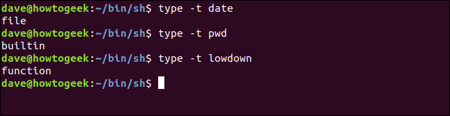 demonstration of type -t option in a terminal window