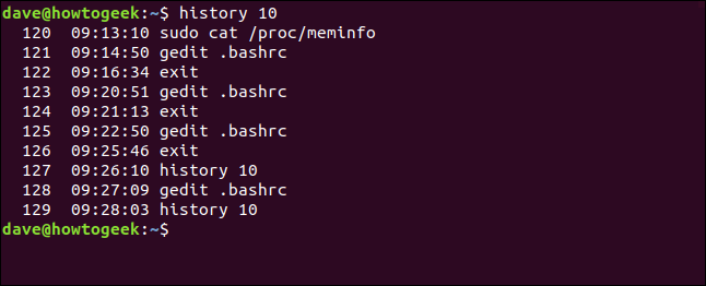 A history list with timestamps in a terminal window.