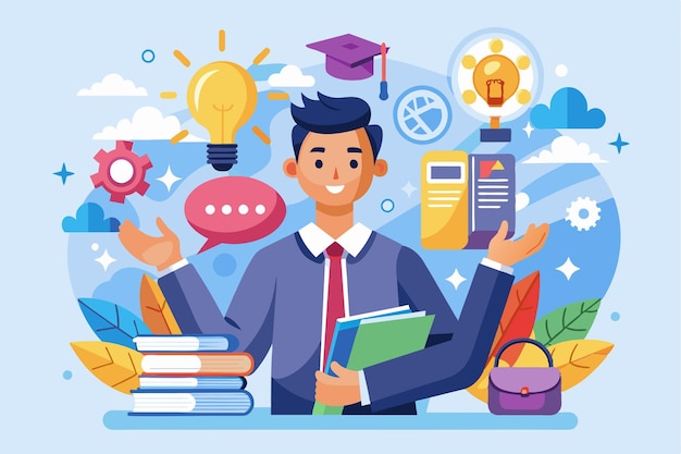 A cheerful individual holds books and showcases soft skills through illustrated symbols like gears and light bulbs Soft skills Customizable Semi Flat Illustration