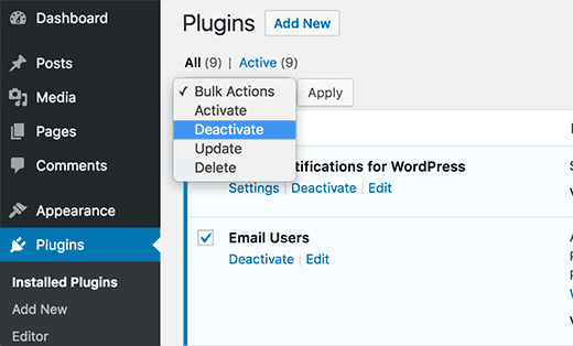 Select and deactivate all plugins in WordPress Select and deactivate all plugins in WordPress