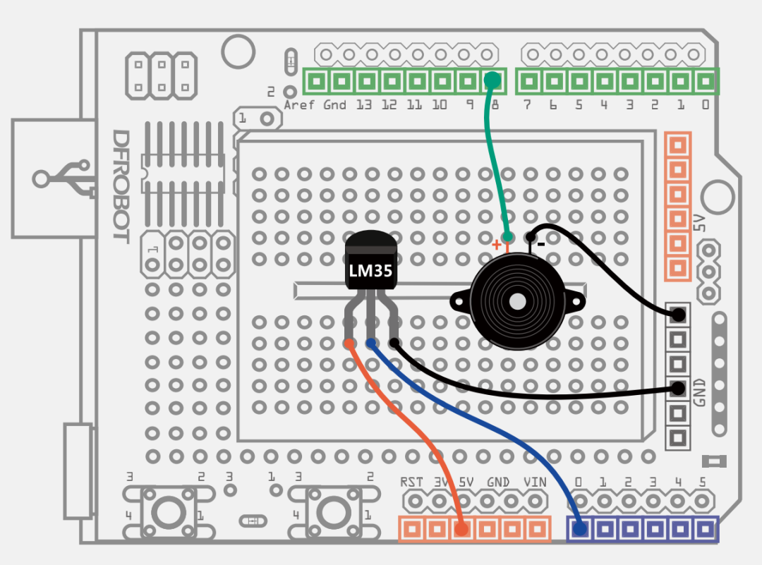 在接lm35温度传感器时,注意三个引脚的位置,有lm35字样的一面面向自己