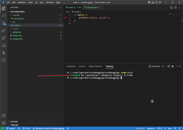 VS Code 终端窗口，左侧带有文件资源管理器面板，右侧打开主 Rs 文件，显示执行 Cargo Build 命令的完成结果