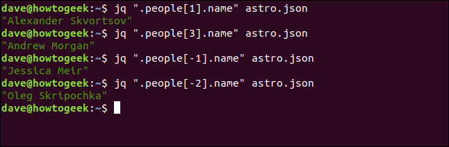 The "jq ".people[1].name" astro.json," "jq ".people[3].name" astro.json," "jq ".people[-1].name" astro.json," and "jq ".people[-2].name" astro.json" in a terminal window.