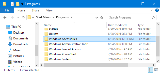 Start menu\programs folder in File Explorer