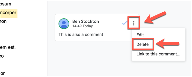 Click the three-dots menu icon next to a comment, then click "Delete" to delete the comment.
