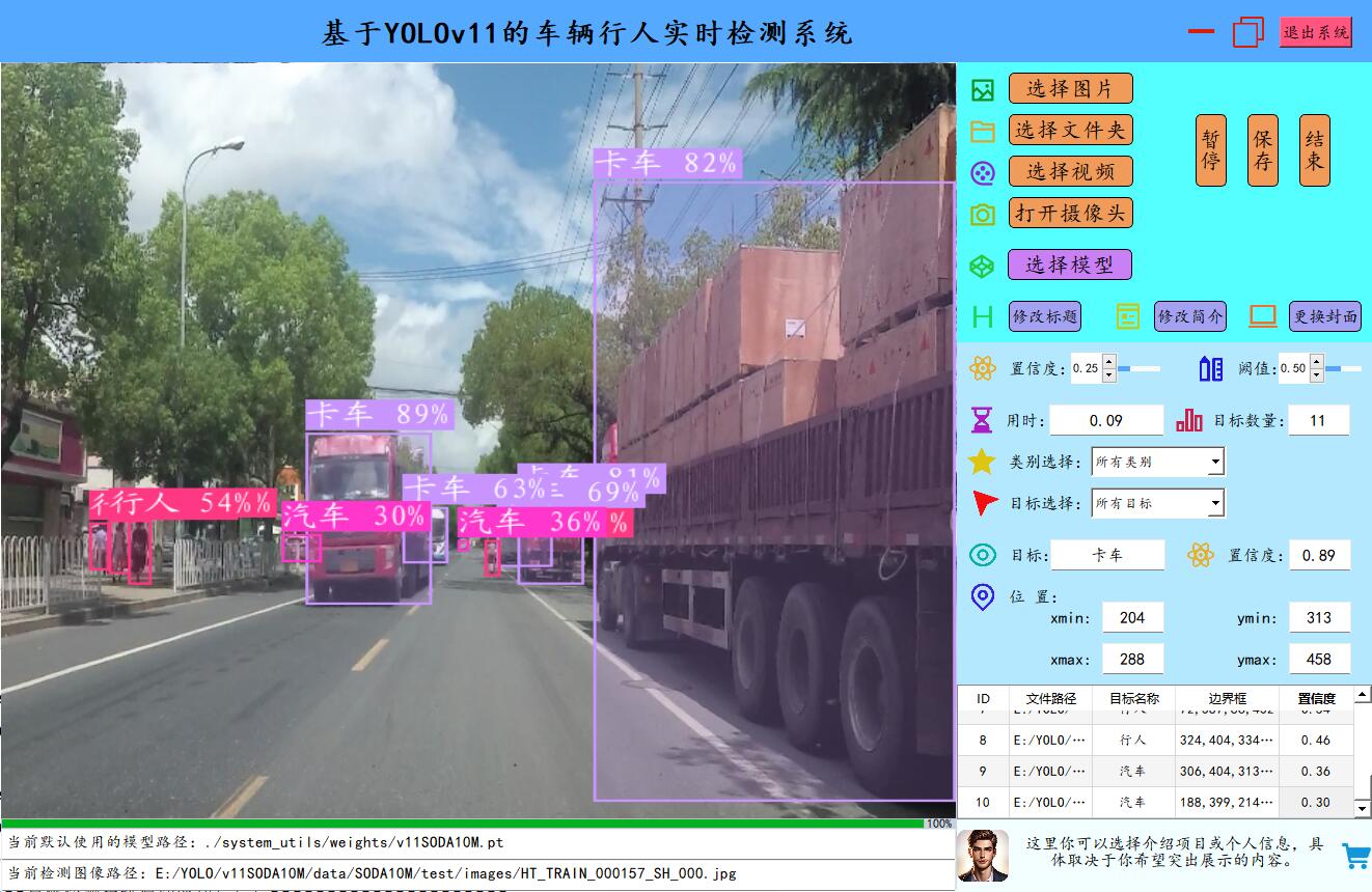 基于YOLOv11的车辆行人实时检测系统（python+pyside6界面+系统源码+可训练的数据集+也完成的训练模型）