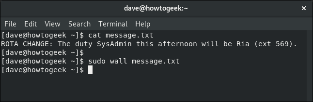 wall command used with a text file in a terminal window