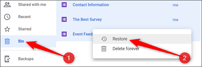 Alternatively, click "Bin" from the pane on the left, right-click a file, and then click "Restore" to return it to your Drive.