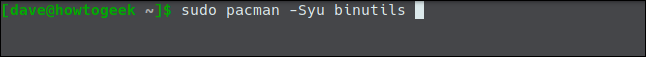 sudo pacman -Syu binutils in a terminal window